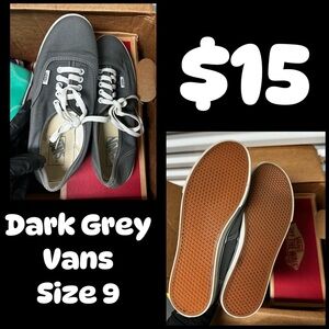 Dark Grey Low Profile Vans, womens size 9, men 7.5